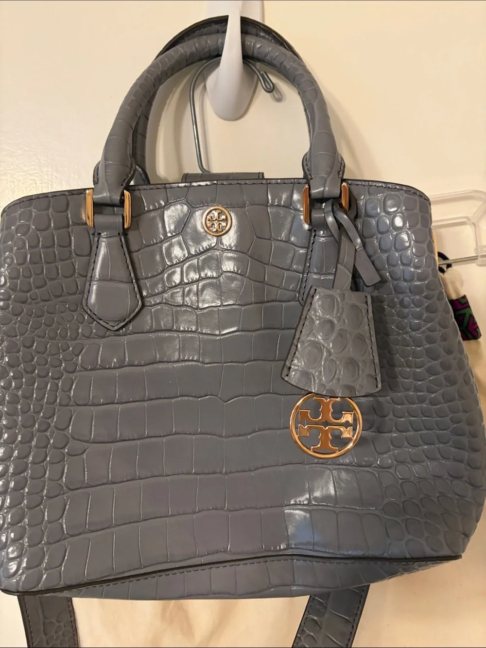 Tory Burch Gray Croc-Embossed Tote with Gold Hardware - Picture 1 of 9